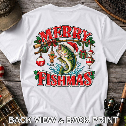 Merry Fishmas Santa Bass Christmas Fishing Graphic T-Shirt | Back Print