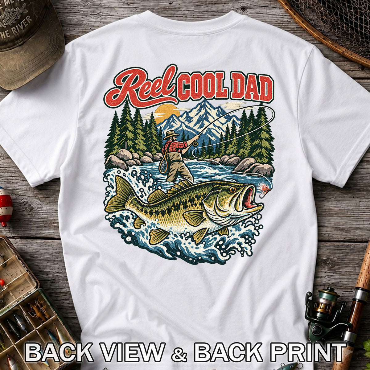 Reel Cool Dad Largemouth Bass Fishing Graphic T-Shirt | Back Print