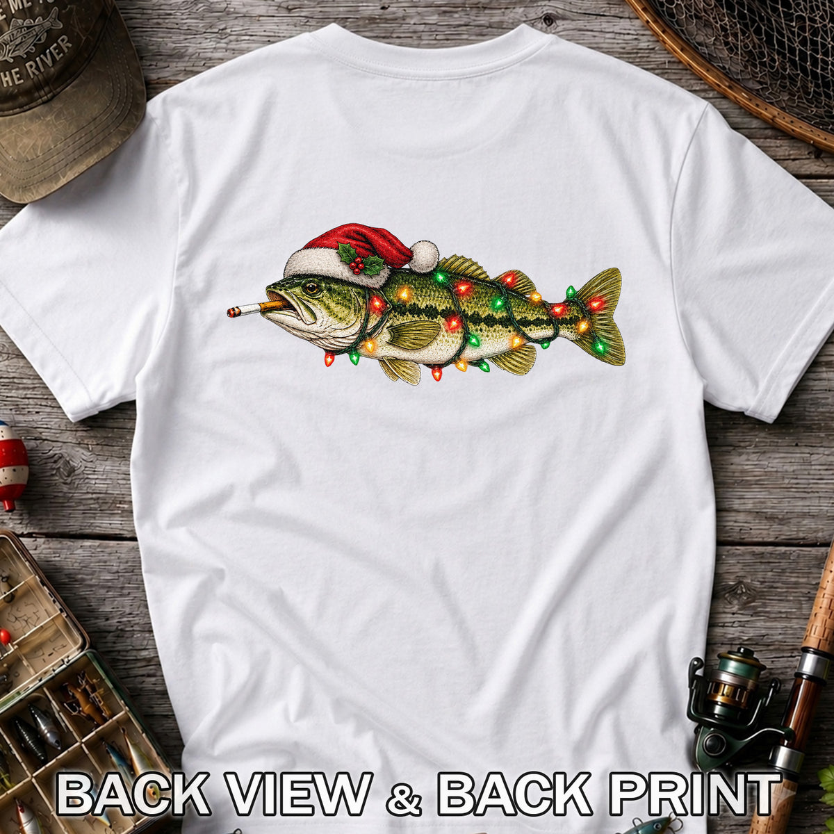 Christmas Bass Fishing Lights and Santa Hat Graphic T-Shirt | Back Print
