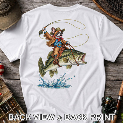 French Bulldog Cowboy Riding a Bass Fishing Graphic T-Shirt | Back Print