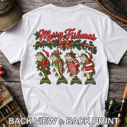 Merry Fishmas Christmas Bass Fishing Graphic T-Shirt | Back Print