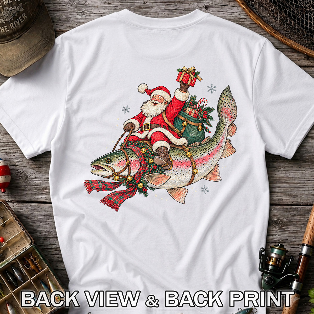 Santa Riding a Festive Rainbow Trout Christmas Fishing Graphic T-Shirt | Back Print