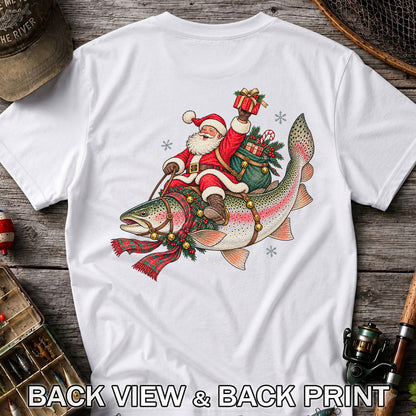 Santa Riding a Festive Rainbow Trout Christmas Fishing Graphic T-Shirt | Back Print