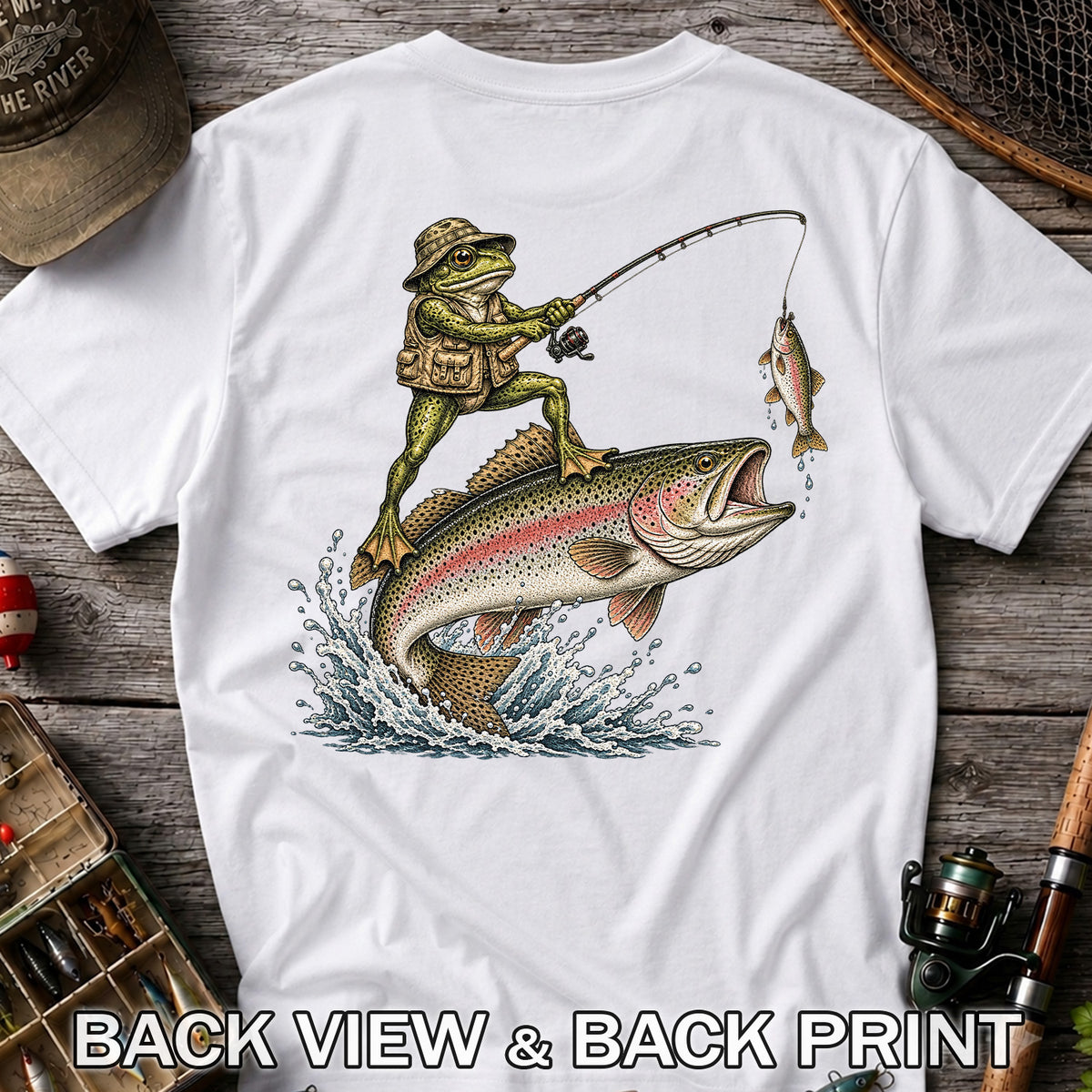 Frog Angler Riding a Rainbow Trout Fishing Graphic T-Shirt | Back Print