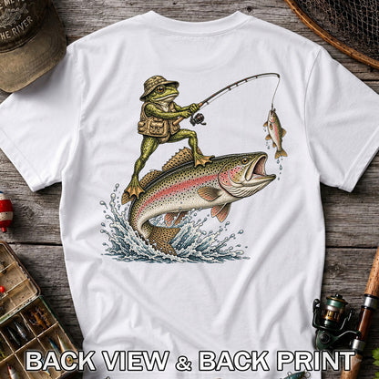 Frog Angler Riding a Rainbow Trout Fishing Graphic T-Shirt | Back Print