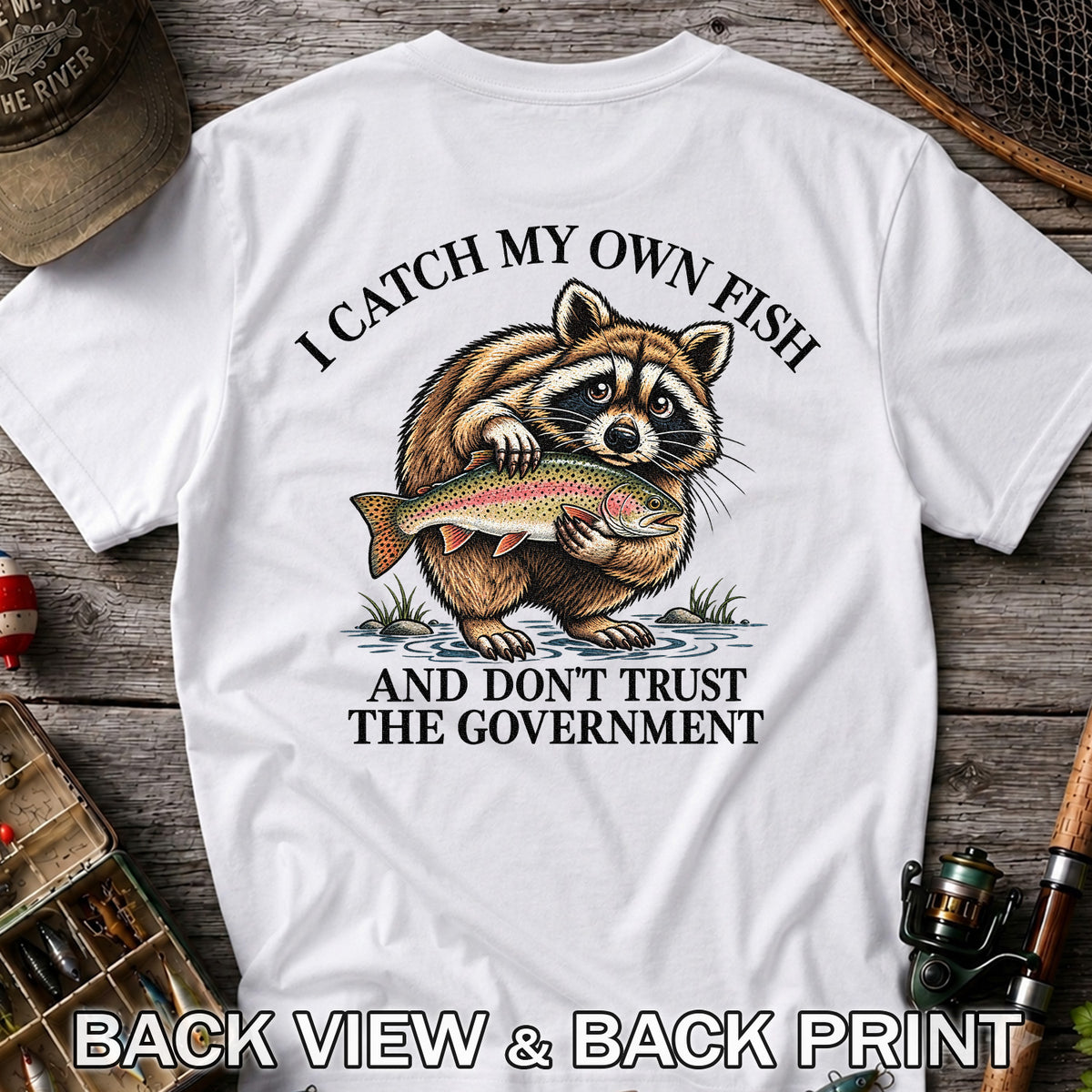 Raccoon Holding Rainbow Trout Fishing Graphic T-Shirt | Back Print