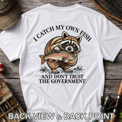Raccoon Holding Rainbow Trout Fishing Graphic T-Shirt | Back Print