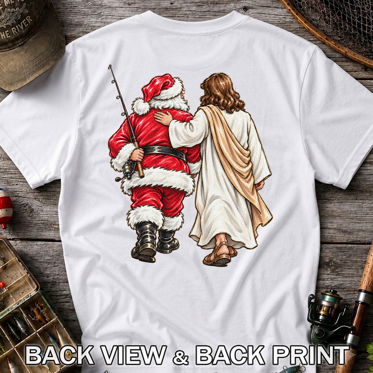 Santa and Robed Companion Fishing Graphic T-Shirt | Back Print