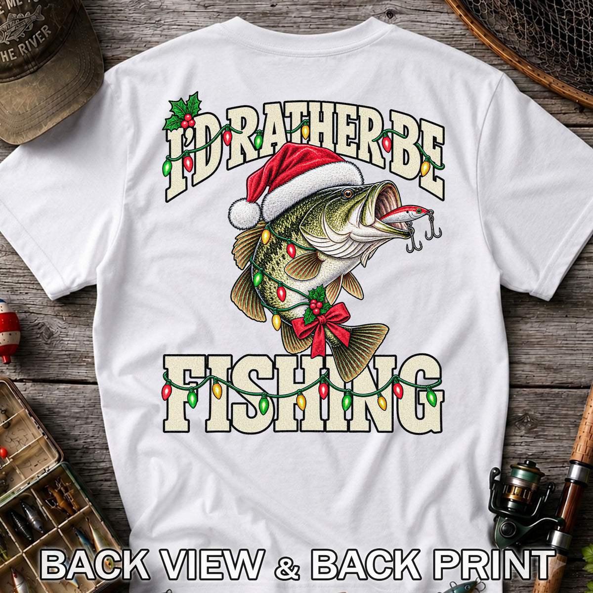 Santa Hat Bass Christmas Fishing Graphic T-Shirt | Back Print