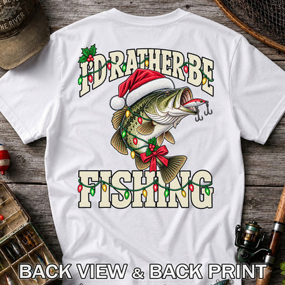 Santa Hat Bass Christmas Fishing Graphic T-Shirt | Back Print