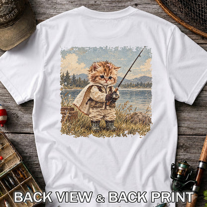 Vintage Kitten Fishing by the Lake Cute Cat Graphic T-Shirt | Back Print