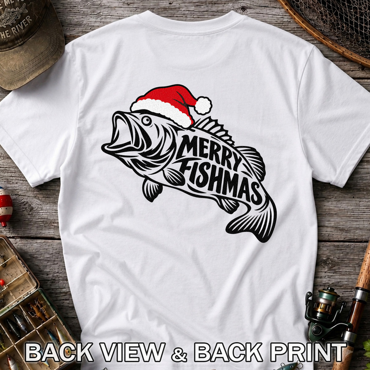 Santa Hat Fish Christmas Fishing Graphic T-Shirt | Back Print