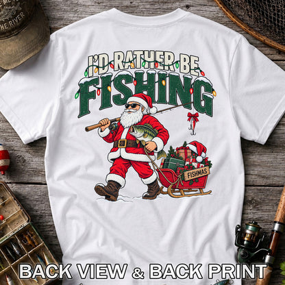Santa Fishing with Bass Christmas Graphic T-Shirt | Back Print