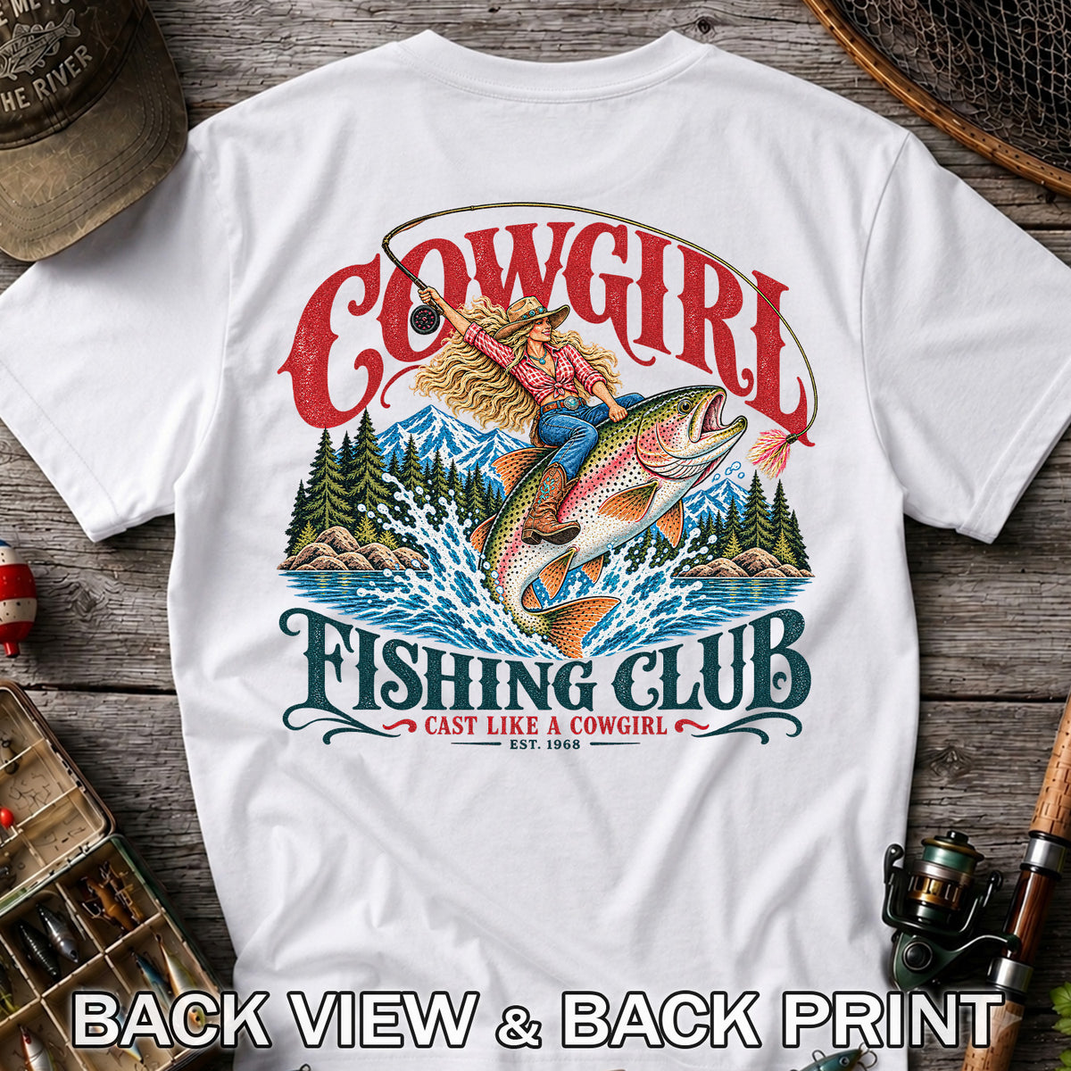 Cowgirl Riding Trout Fishing Club Graphic T-Shirt | Back Print