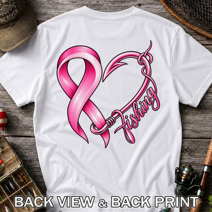 Pink Ribbon Heart Fish Hook Fishing Graphic T-Shirt | Back Print