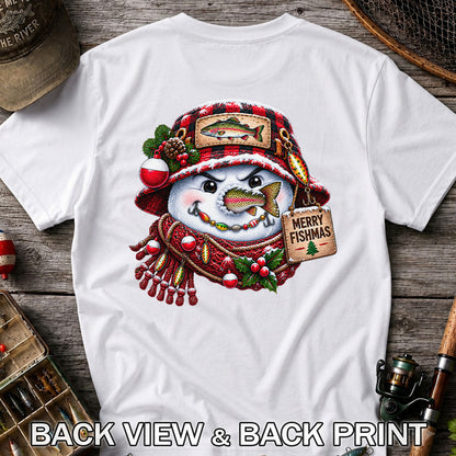 Merry Fishmas Snowman with Rainbow Trout Christmas Fishing T-Shirt | Back Print