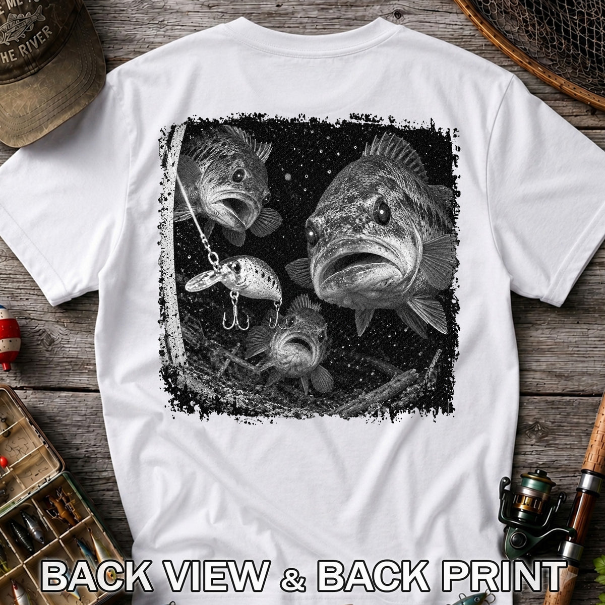 Vintage Bass Fishing Graphic T-Shirt with Underwater Fish Artwork | Back Print