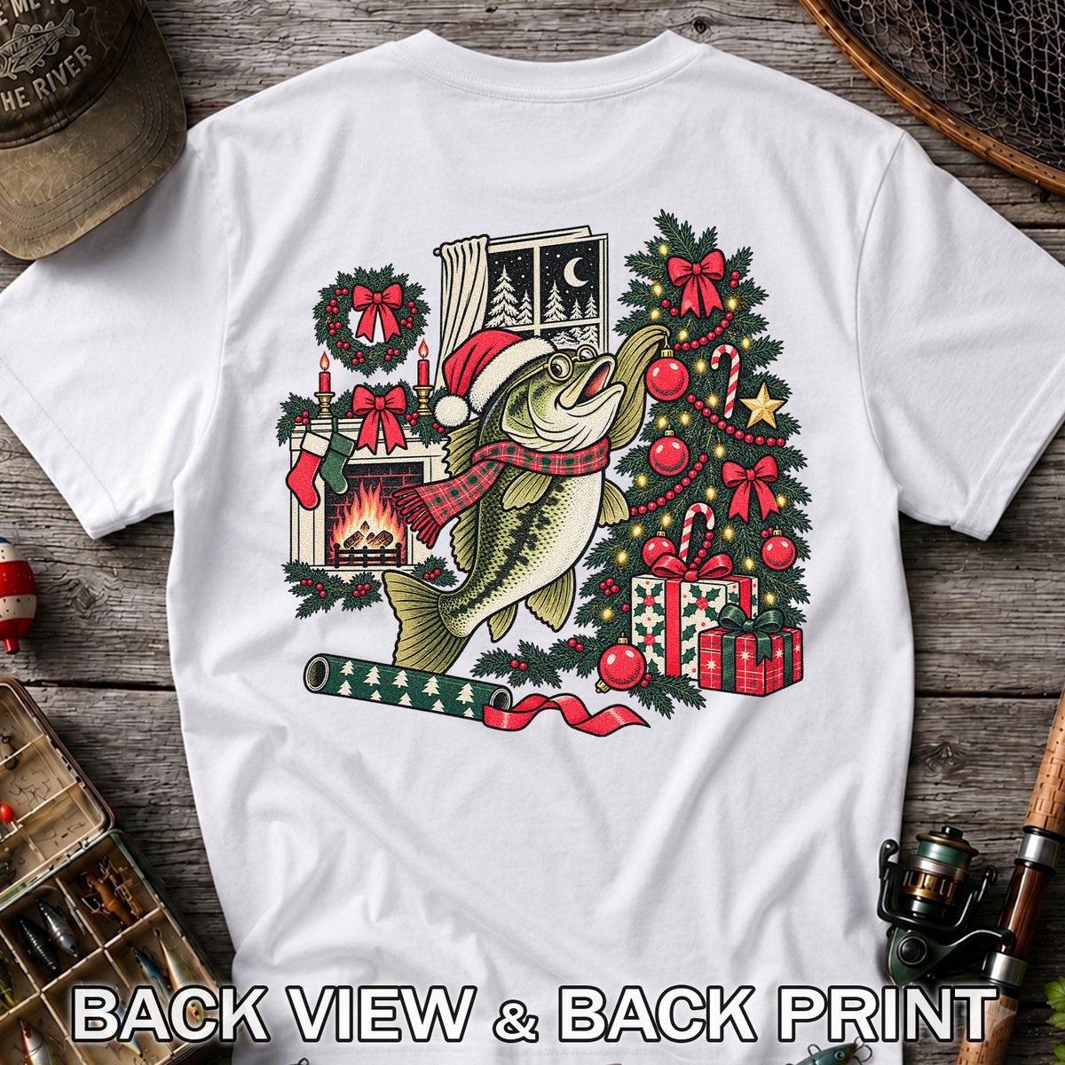 Christmas Bass Fishing Fireplace Tree Graphic T-Shirt | Back Print