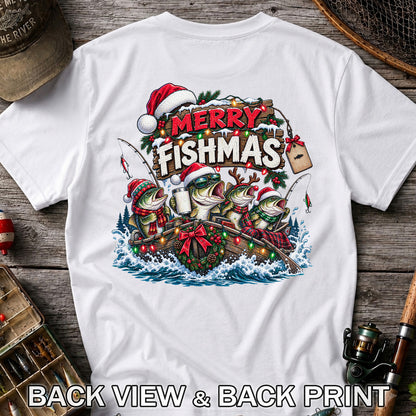 Merry Fishmas Christmas Bass in a Fishing Boat Graphic T-Shirt | Back Print