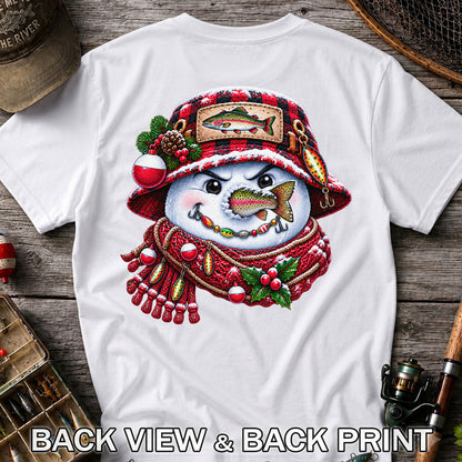 Christmas Snowman Trout Fishing Graphic T-Shirt | Back Print