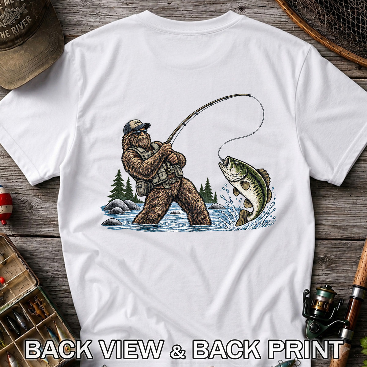 Bear Catching Bass Fishing Graphic T-Shirt | Back Print