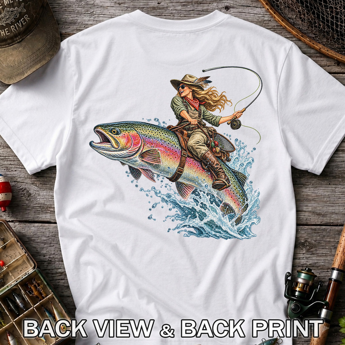 Cowgirl Riding a Rainbow Trout Fly Fishing Graphic T-Shirt | Back Print