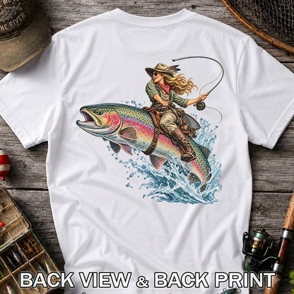 Cowgirl Riding a Rainbow Trout Fly Fishing Graphic T-Shirt | Back Print