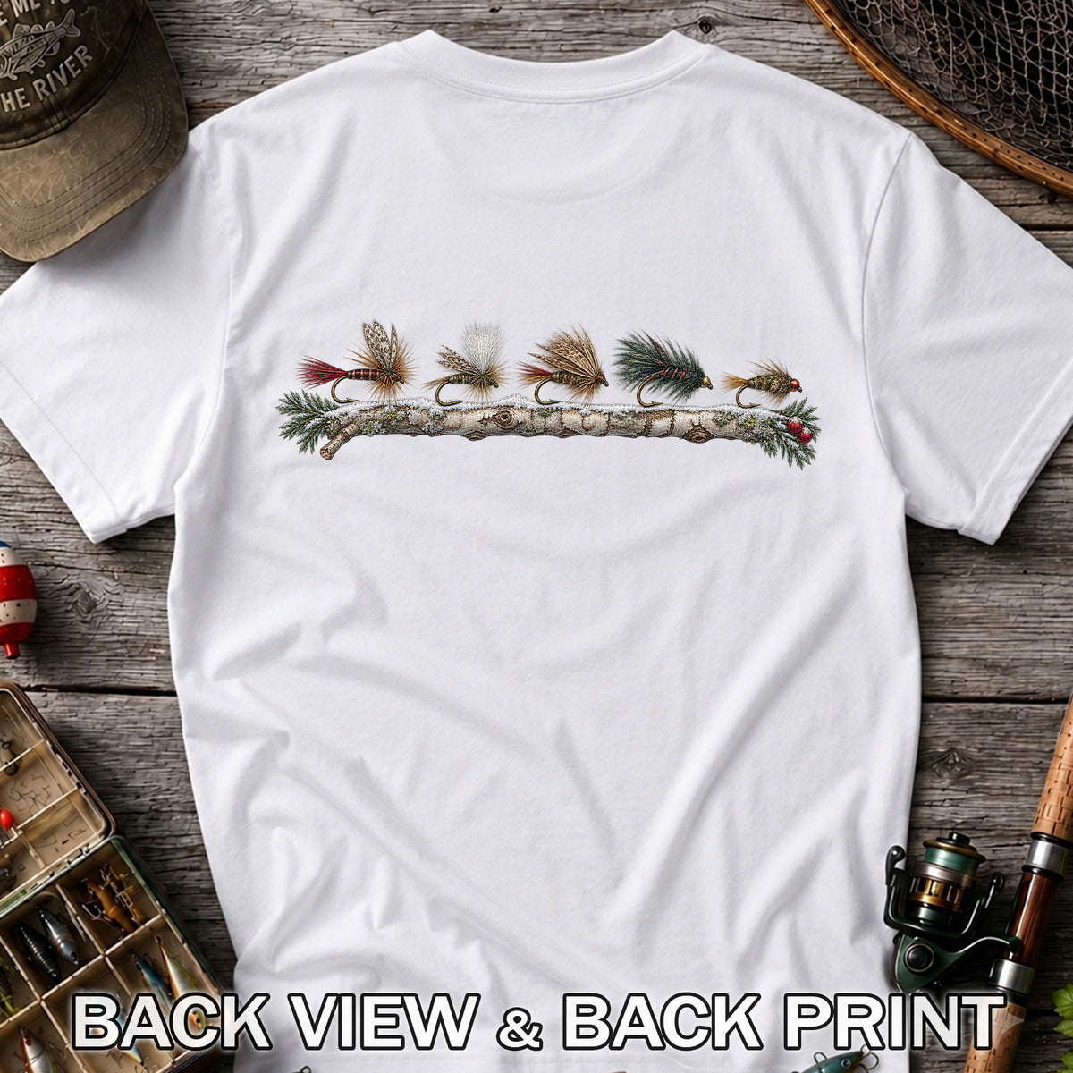 Christmas Fly Fishing Flies on Evergreen Branch Graphic T-Shirt | Back Print