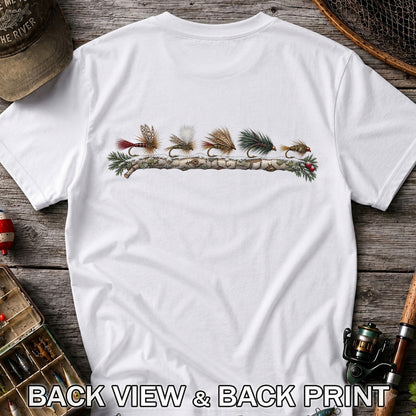 Christmas Fly Fishing Flies on Evergreen Branch Graphic T-Shirt | Back Print