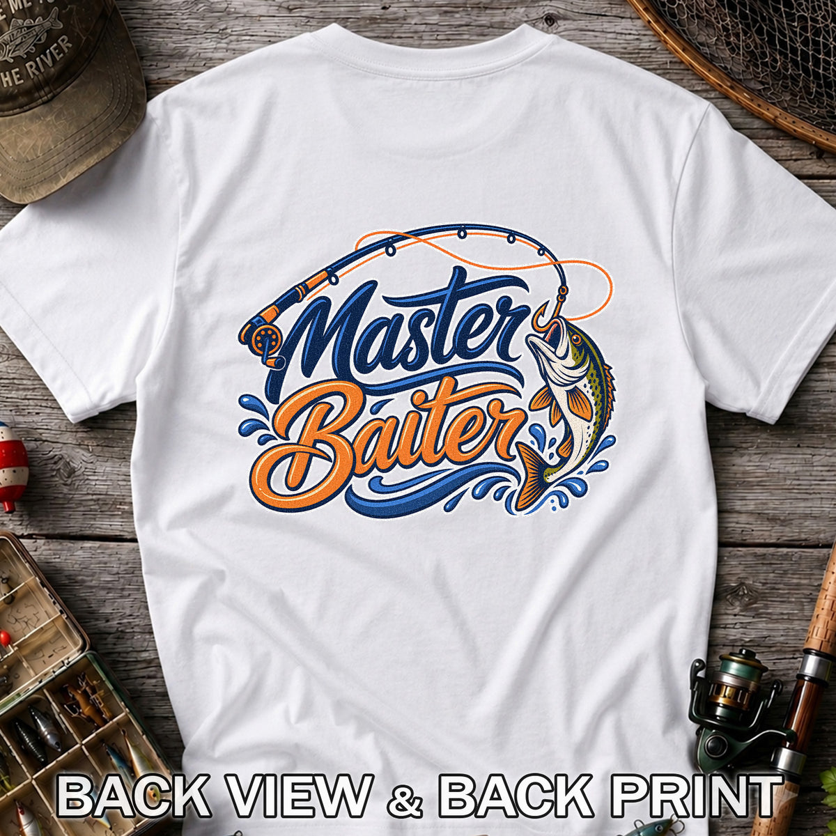 Master Baiter Funny Fishing Rod and Jumping Fish T-Shirt | Back Print