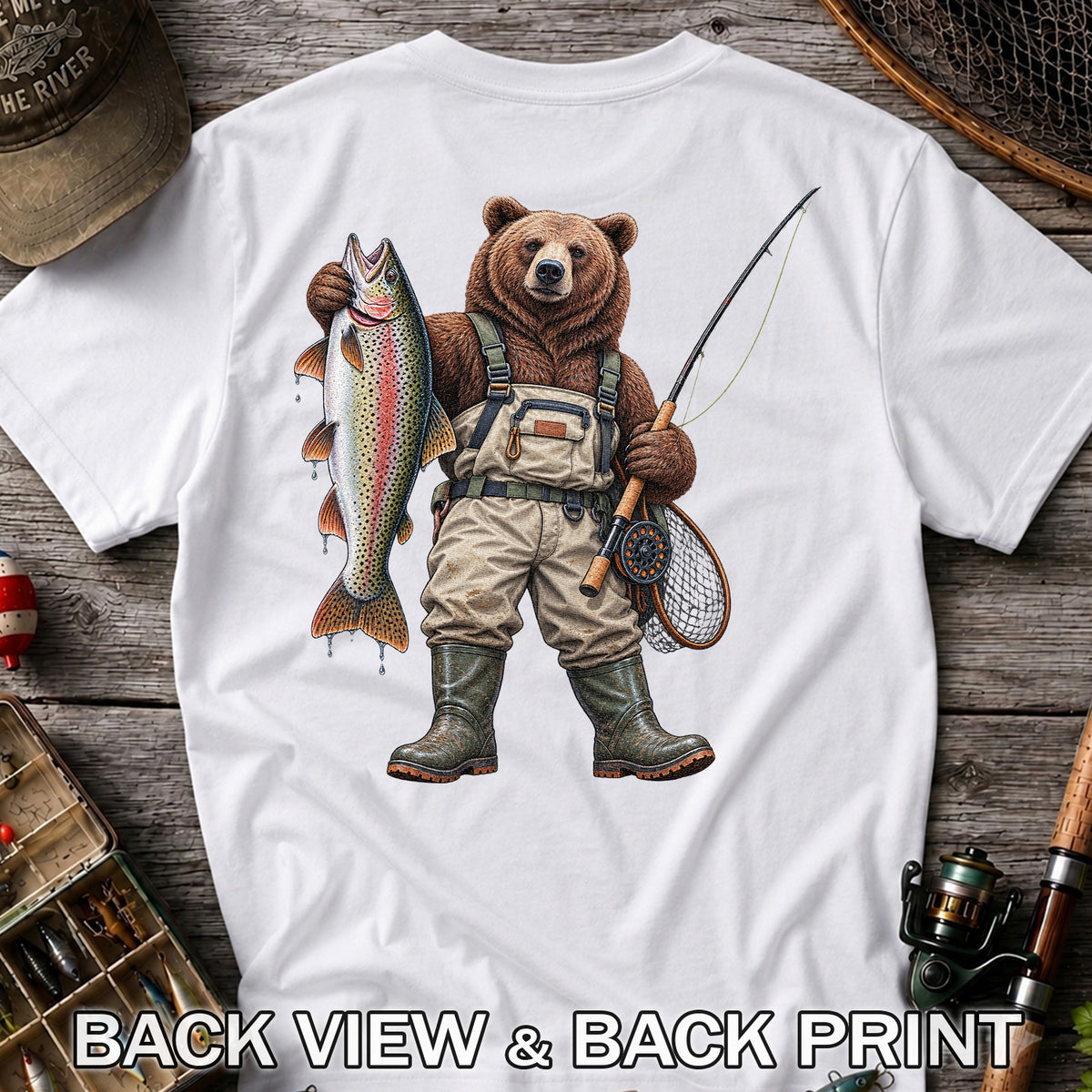 Bear Fishing with Rainbow Trout Outdoor Graphic T-Shirt | Back Print