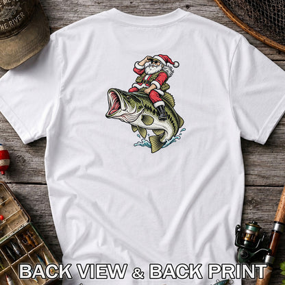 Santa Riding Largemouth Bass Christmas Fishing Graphic T-Shirt | Back Print