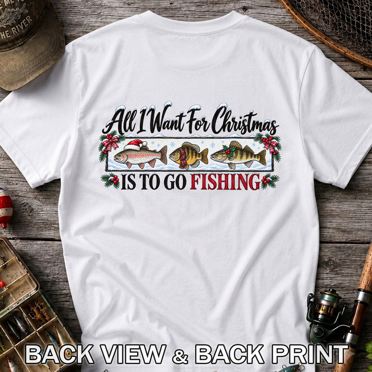 Christmas Freshwater Fish Fishing Graphic T-Shirt | Back Print