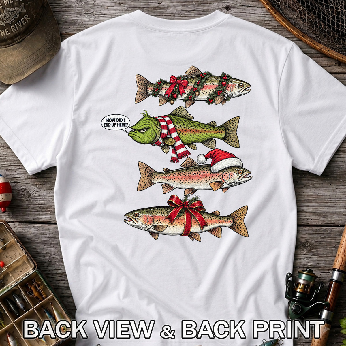 Christmas Trout Fishing Holiday Graphic T-Shirt | Back Print