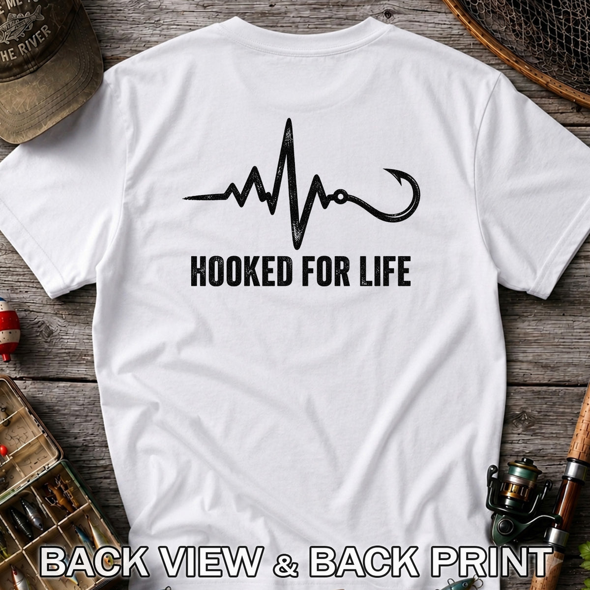 Hooked for Life Fishing Hook Heartbeat Graphic T-Shirt | Back Print