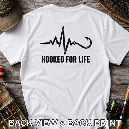 Hooked for Life Fishing Hook Heartbeat Graphic T-Shirt | Back Print