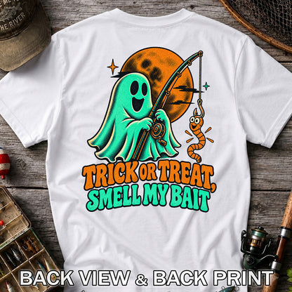 Trick or Treat, Smell My Bait Ghost Halloween Fishing T-Shirt | Back Print