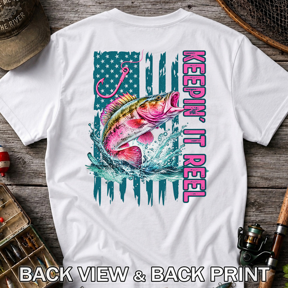 Keepin' It Reel Bass Fishing American Flag Graphic T-Shirt | Back Print