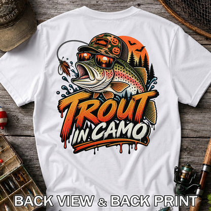 Trout in Camo Halloween Rainbow Trout Fishing Graphic T-Shirt | Back Print