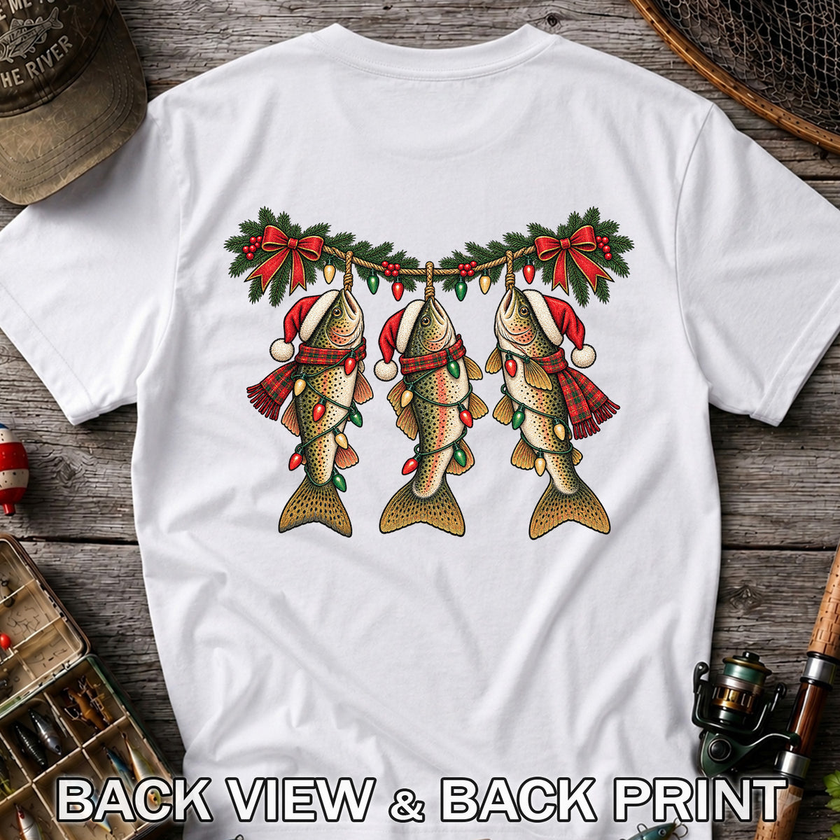 Festive Trout String Lights Christmas Fishing T-Shirt | Back Print