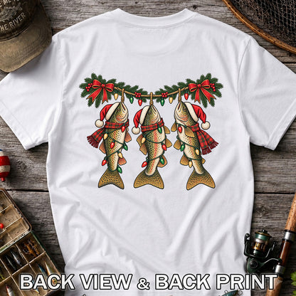 Festive Trout String Lights Christmas Fishing T-Shirt | Back Print
