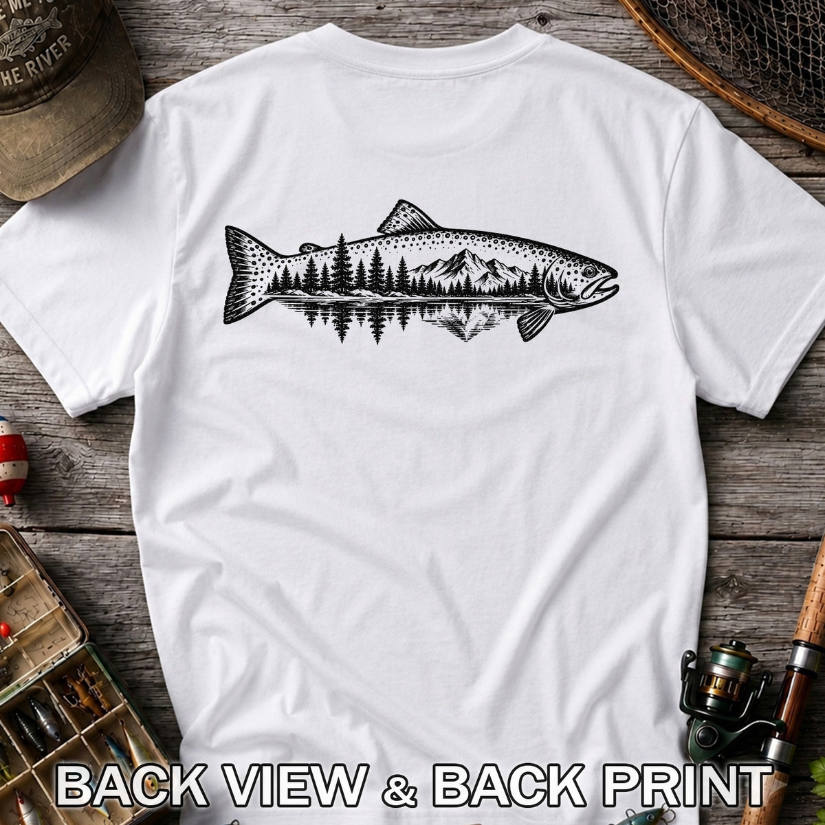 Trout Silhouette with Mountain and Forest Lake Fishing Graphic T-Shirt | Back Print