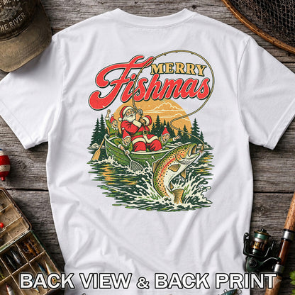 Merry Fishmas Santa and Elves Trout Fishing Christmas T-Shirt | Back Print