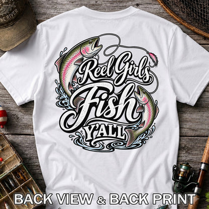 Reel Girls Fish Y'all Rainbow Trout Women's Fishing T-Shirt | Back Print