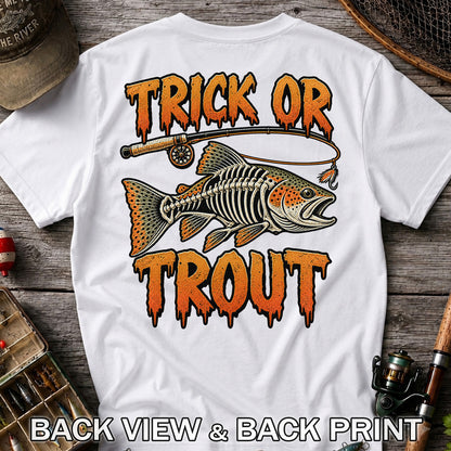 Trick or Trout Skeleton Trout Halloween Fly Fishing T-Shirt | Back Print