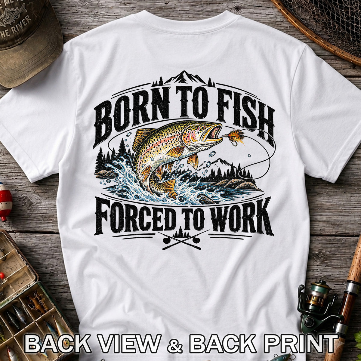 Brown Trout Mountain Lake Fishing Graphic T-Shirt | Back Print