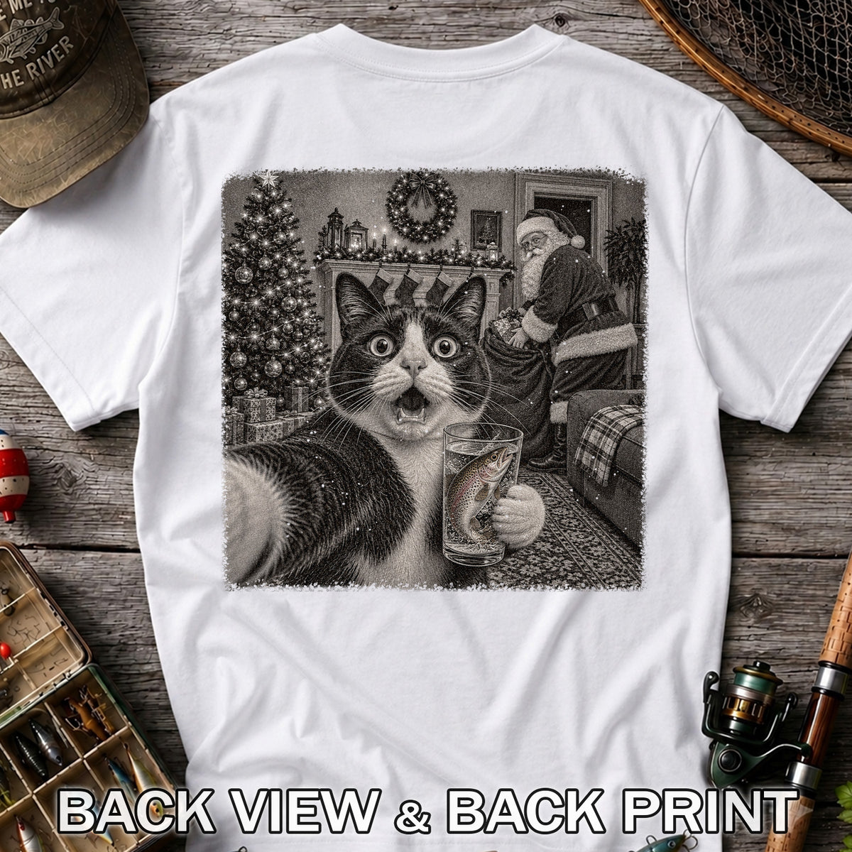 Christmas Cat Holding a Fish Mug Holiday Graphic T-Shirt | Back Print