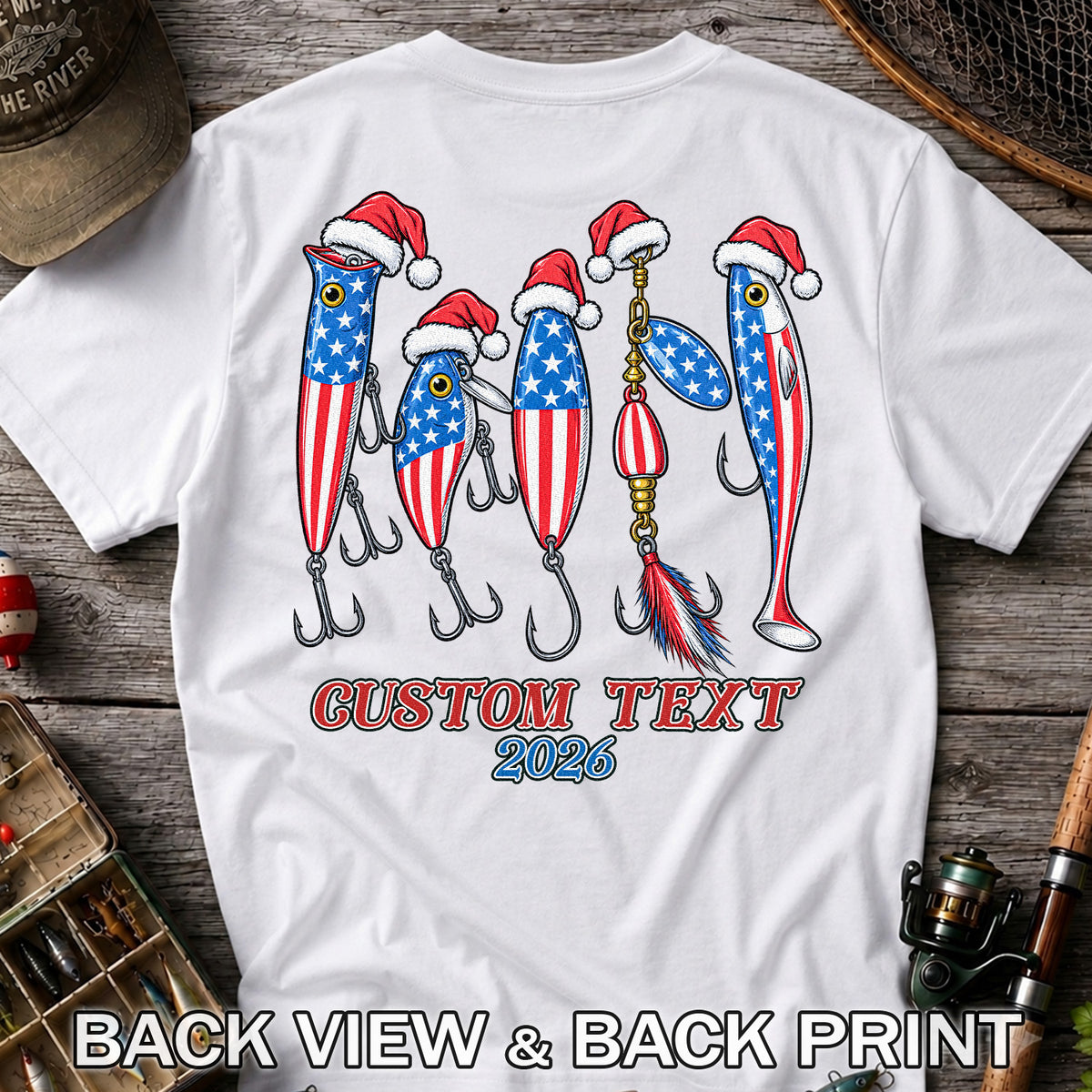 Personalized Patriotic Christmas Fishing Lures T-Shirt | Back Print