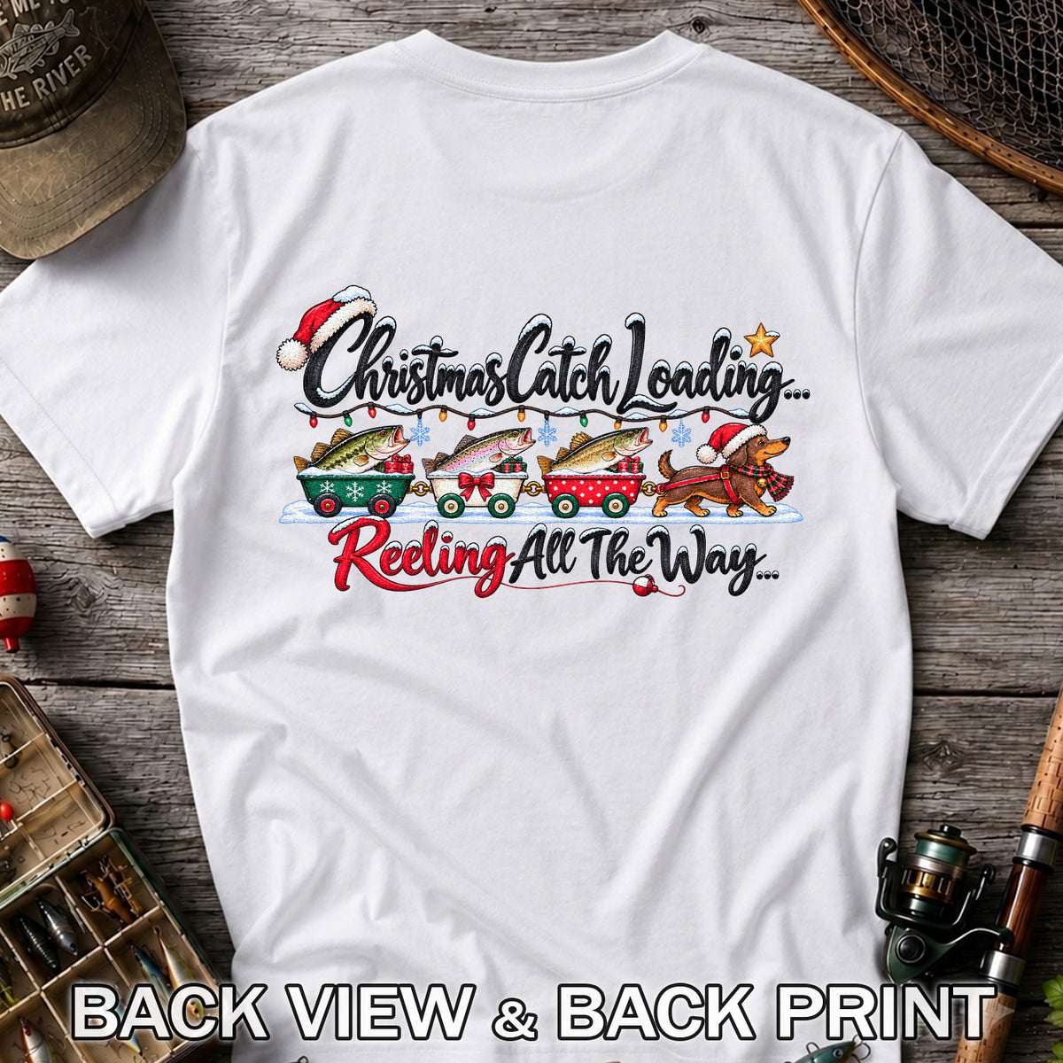 Christmas Fishing Train with Trout and Dog Graphic T-Shirt | Back Print