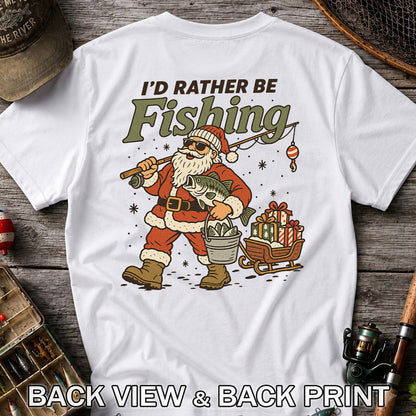 Santa Claus Fishing with Bass Christmas T-Shirt | Back Print